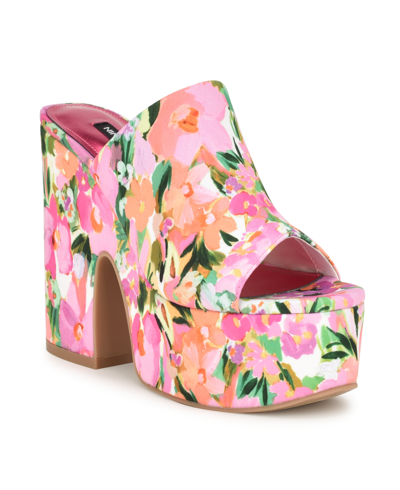 Nine West Women's Olley Slip-on Open Toe Wedge Sandals In Pink Floral Multi