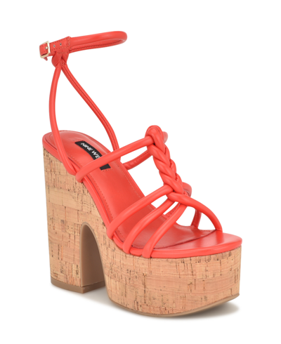 Nine West Women's Olander Round Toe Strappy Wedge Sandals In Orange