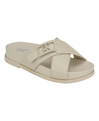 Calvin Klein Women's Eandria Criss-cross Flat Casual Sandals In Ivory- Faux Leather