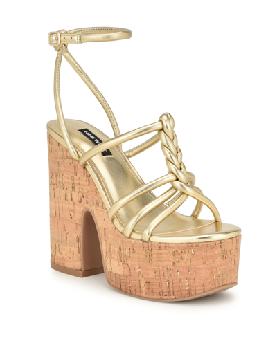 Nine West Women's Olander Round Toe Strappy Wedge Sandals In Gold