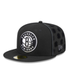 New Era Men's  Black Brooklyn Nets Piped & Flocked 59fifty Fitted Hat In Black