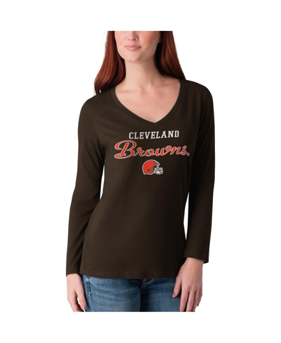 G-iii 4her By Carl Banks Women's  Brown Distressed Cleveland Browns Post Season Long Sleeve V-neck T-