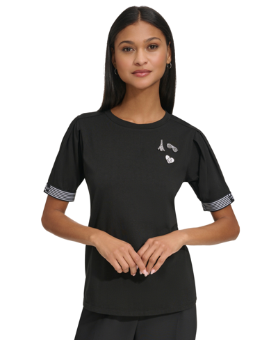 Karl Lagerfeld Women's Round-neck Short-sleeve Logo Top In Black