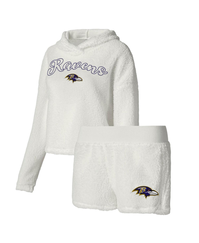 Concepts Sport Women's  White Baltimore Ravens Fluffy Pullover Sweatshirt And Shorts Sleep Set