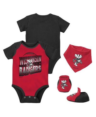 MITCHELL & NESS BABY BOYS AND GIRLS MITCHELL & NESS BLACK, RED WISCONSIN BADGERS 3-PACK BODYSUIT, BIB AND BOOTIE SET