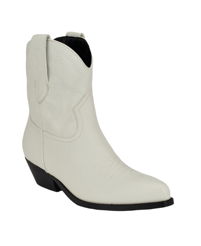 Guess Women's Ginette Low Ankle Western Cowboy Booties In White- Faux Leather