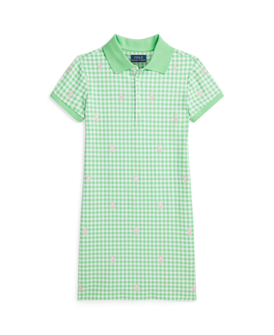 Polo Ralph Lauren Kids' Big Girls Gingham Pony Mesh Polo Dress In Gingham Lime With Pink