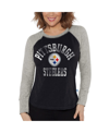 G-iii 4her By Carl Banks Black/heather Gray Pittsburgh Steelers Waffle Knit Raglan Long Sleeve T-shi In Black,heather Gray