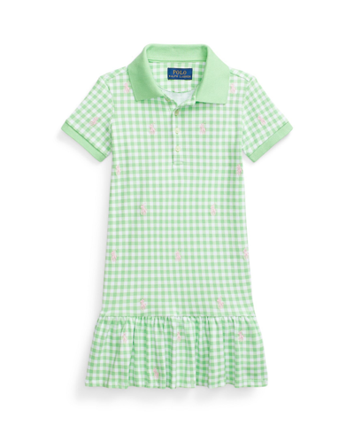Polo Ralph Lauren Kids' Toddler And Little Girls Gingham Pony Mesh Polo Dress In Gingham Lime With Pink