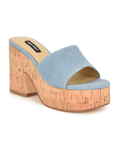 Nine West Women's Boone Slip-on Round Toe Wedge Sandals In Light Blue Denim - Textile