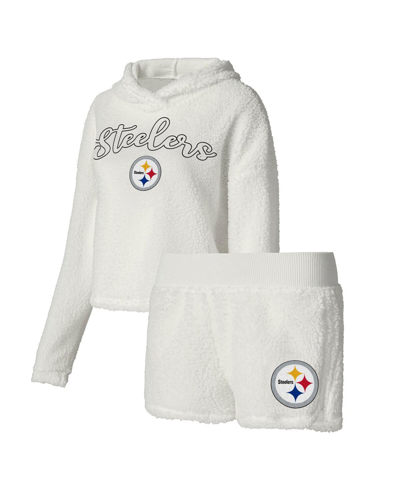 CONCEPTS SPORT WOMEN'S CONCEPTS SPORT WHITE PITTSBURGH STEELERS FLUFFY PULLOVER SWEATSHIRT SHORTS SLEEP SET