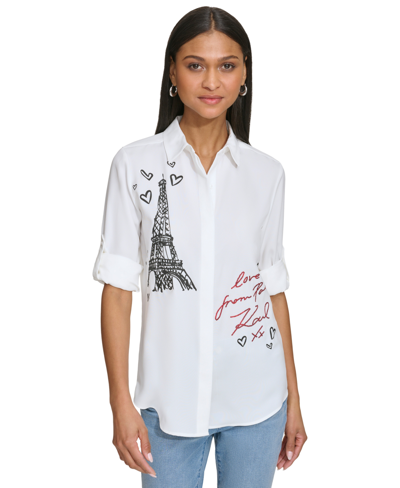 Karl Lagerfeld Women's Love From Paris Eiffel Tower Graphic Shirt In Soft White