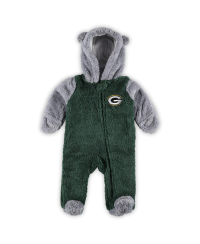 Outerstuff Baby Boys And Girls Green, Gray Green Bay Packers Game Nap Teddy Fleece Bunting Full-zip Sleeper In Green,gray