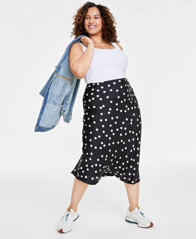 On 34th Trendy Plus Size Polka Dot Midi Slip Skirt, Created For Macy's In Deep Black Combo
