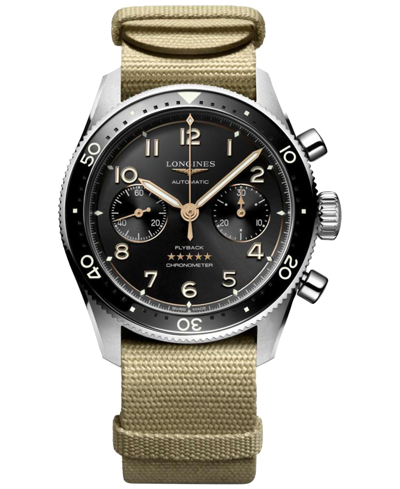 Longines Men's Swiss Automatic Chronograph Spirit Flyback Beige Nato Strap Watch 42mm In Black
