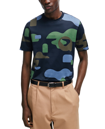 Hugo Boss Mercerized-cotton T-shirt With Seasonal Pattern In Dark Blue