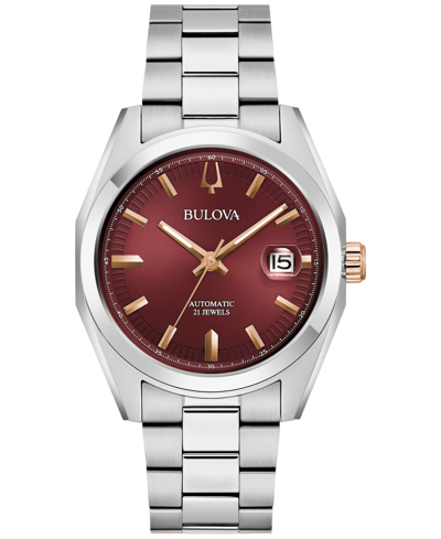 Bulova Men's Automatic Surveyor Stainless Steel Bracelet Watch 39mm In Red/silver