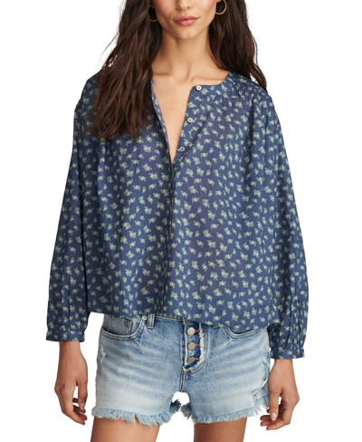 Lucky Brand Women's Floral-print Smocked Blouse In Navy Multi