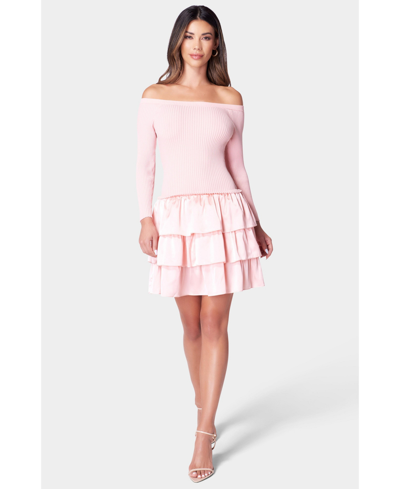 Bebe Off The Shoulder Tiered Dress In Rose