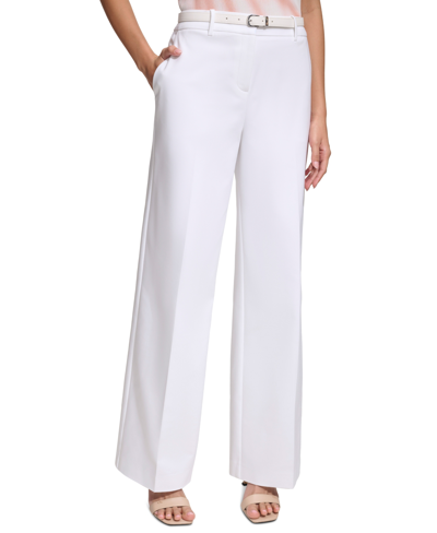 Calvin Klein Petite Belted Wide-leg Mid-rise Pants In White