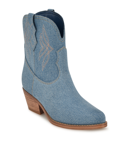Nine West Women's Texen Western Ankle Booties In Blue Denim- Textile