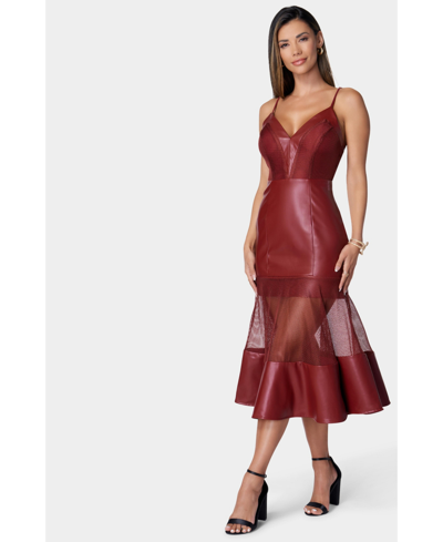 Bebe Mesh And Faux Leather Flare Dress In Wine