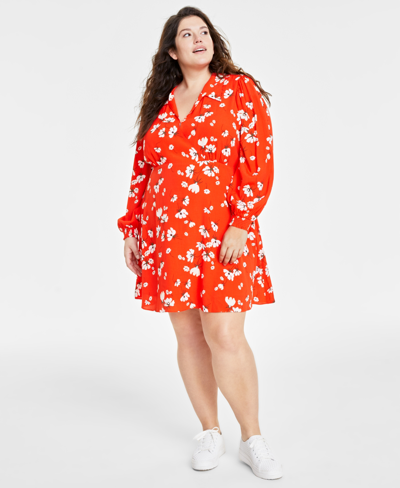On 34th Trendy Plus Size Print Collared Surplice-neck Dress, Created For Macy's In Rave Red Combo