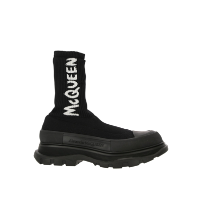 Alexander Mcqueen Sock Style Logo Print Boots In Black