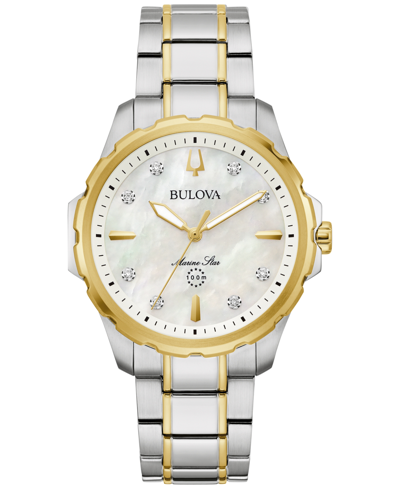 Bulova Women's Marine Star Diamond Accent Two-tone Stainless Steel Bracelet Watch 36mm In Silver