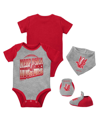 MITCHELL & NESS BABY BOYS AND GIRLS MITCHELL & NESS SCARLET, HEATHER GRAY NEBRASKA HUSKERS 3-PACK BODYSUIT, BIB AND 