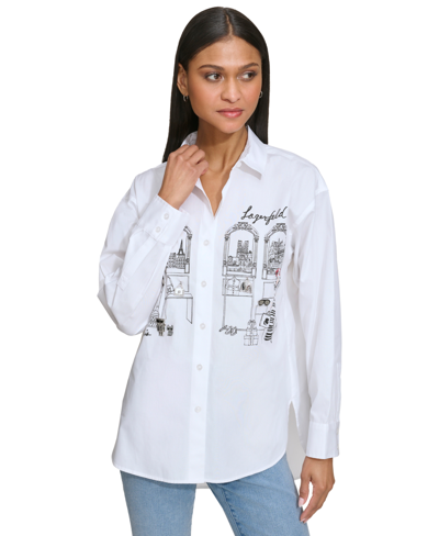 Karl Lagerfeld Women's Shopping Girl Cotton Long-sleeve Shirt In White