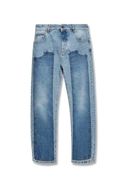 Balmain Light Blue Patchwork Straight Jeans With Logo Patch In Cotton Denim Man In New