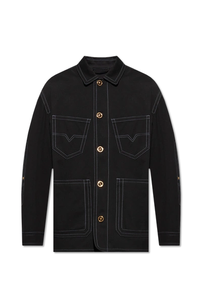 Versace Black Cotton Jacket With Contrast Stitching In New