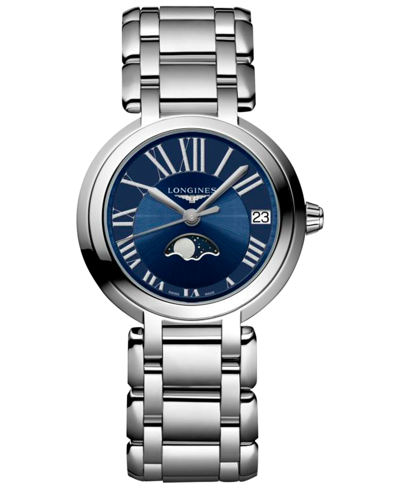 Longines Women's Swiss Primaluna Moon Phase Stainless Steel Bracelet Watch 31mm In Blue
