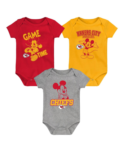 Outerstuff Baby Boys And Girls Red, Gold, Gray Kansas City Chiefs Three-piece Disney Game Time Bodysuit Set In Red,gold
