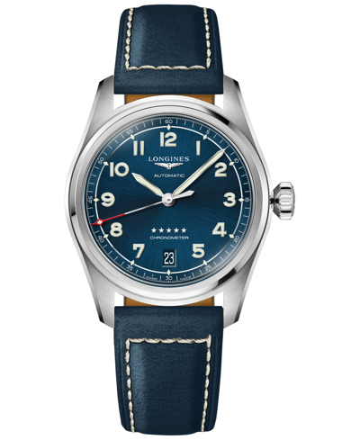 Longines Women's Swiss Automatic Chronometer Spirit Blue Leather Strap Watch 37mm In Blue/navy