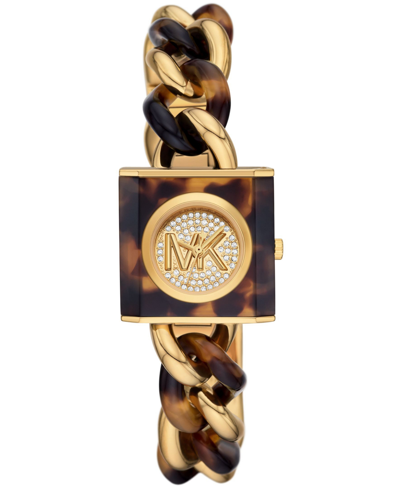 Michael Kors Women's Mk Chain Lock Three-hand Tortoise And Gold-tone Stainless Steel Watch 25mm In Gold/brown