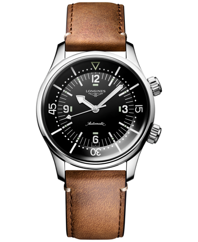 Longines Men's Swiss Automatic Legend Diver Brown Leather Strap Watch 39mm In Black/brown