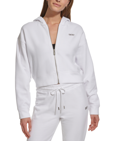 Dkny Sport Women's Metallic-logo Zip-up Hooded Sweatshirt In White,silver