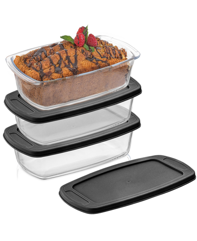 Joyjolt Glass Set Of 3 Loaf Pans With Lids In Black