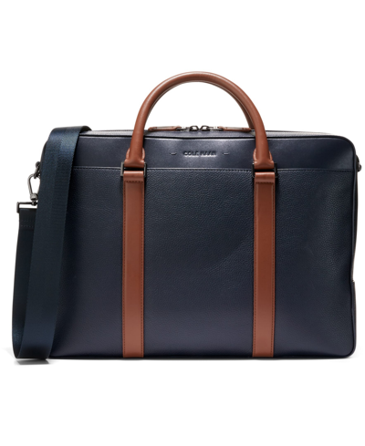 Cole Haan Triboro Medium Leather Briefcase Bag In Navy Blazer,new British Tan
