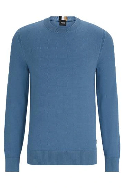 Hugo Boss Micro-structured Crew-neck Sweater In Cotton In Blue