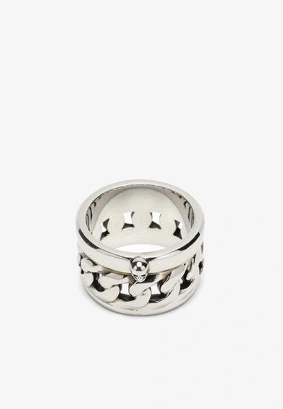 Alexander Mcqueen Chain-motif Skull Ring In Silver