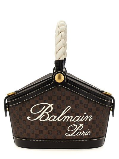 Balmain Mini Monogram Canvas Bucket Bag In Brown