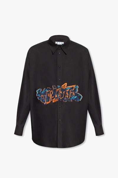 Off-white Black Shirt With Embroidered Graffiti In Black Fluo Orange