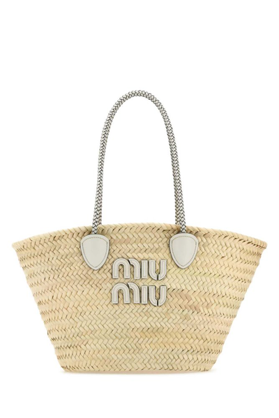 Miu Miu Logo Detailed Tote Bag In Beige
