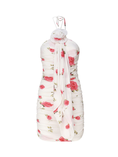 Magda Butrym Wrap Dress With Ruched Floral Applique And Cream Print In White