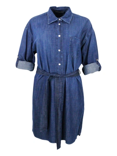 Lorena Antoniazzi Shirt Dress In Light Chambray Denim Cotton With Long Sleeves With Button Closure And Belt At The Wai