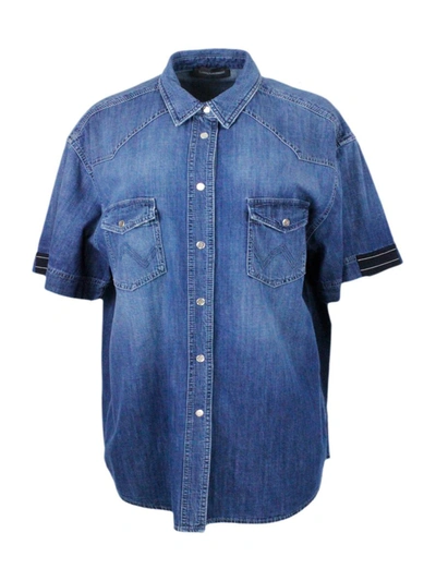 Lorena Antoniazzi Long Shirt In Light Chambray Denim Cotton With Short Sleeves With Button Closure And Patch Pockets,