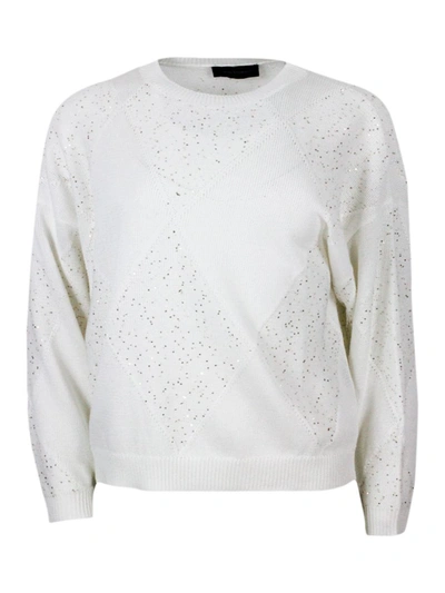 Lorena Antoniazzi Long-sleeved Crew-neck Jumper In Cotton Thread With Diamond Pattern Embellished With Microsequins In White